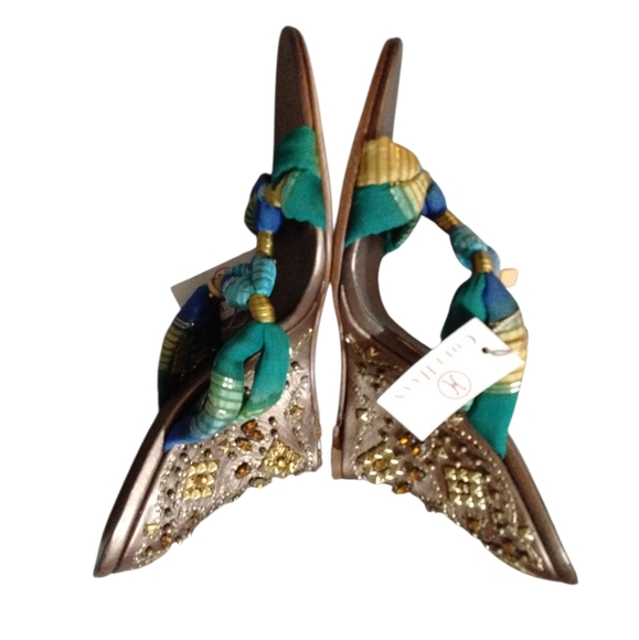 NEW Cole Haan Gemstone Embellished Gold Wedge Sandal - Picture 3 of 11
